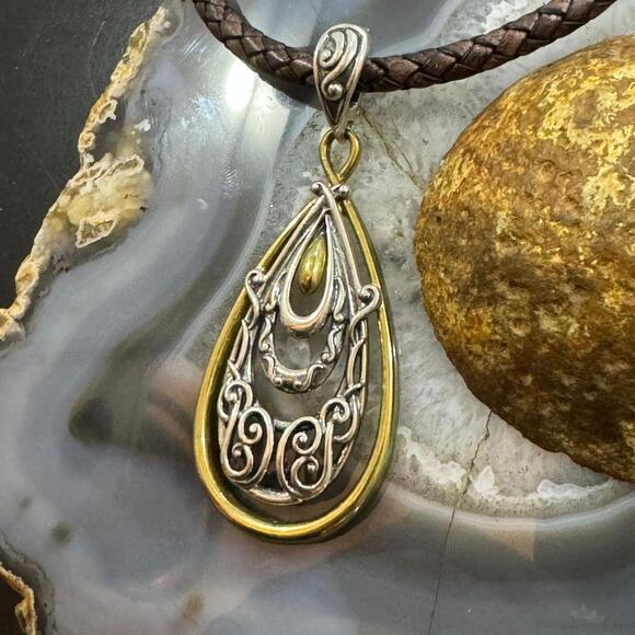 Carolyn Pollack Sterling & Brass Decorated Teardrop Enhancer Pendant For Women - Picture 5 of 10